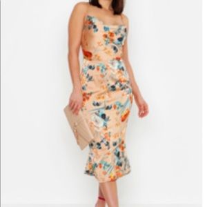 Satin Floral Cowl Flute Hem Slip Dress